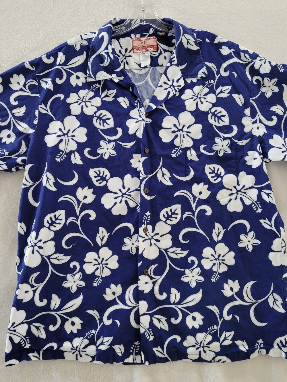 RJC Hawaiian Shirt Men’s 3XL Blue White Floral AOP Camp Short Sleeve Made USA